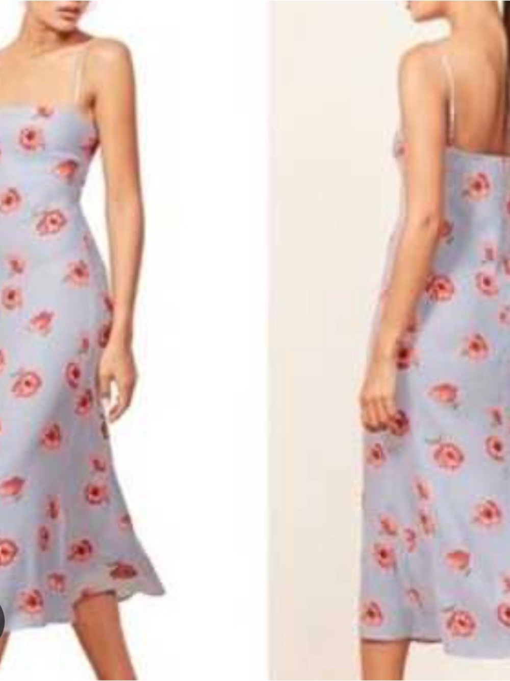 Reformation Light Blue Midi Slip Dress with Red Floral Print
